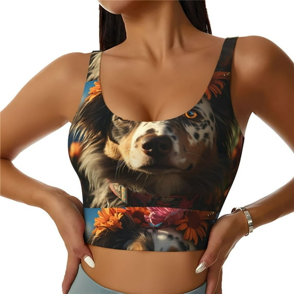 Pofeuu Flower Crown Dog Print Sports Bra for Women Sexy Vest Yoga Running Gym Fitness Crop Bras Tops-Large