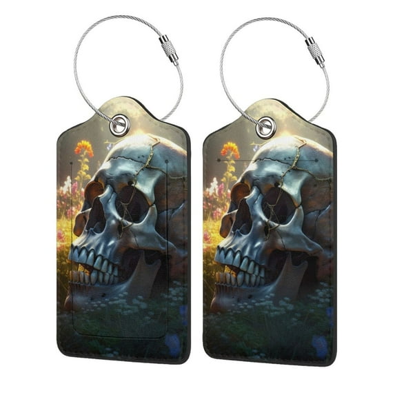 Pofeuu Flower Field Skull Print Luggage Tags, Privacy Cover ID Label with Stainless Steel Loop and Address Card for Travel Bag Suitcase-2 PCS