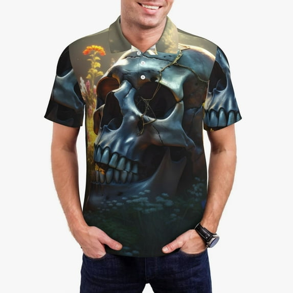 Pofeuu Flower Field Skull Print Men's Loose Fit Midweight Short-Sleeve Pocket Polo-Small