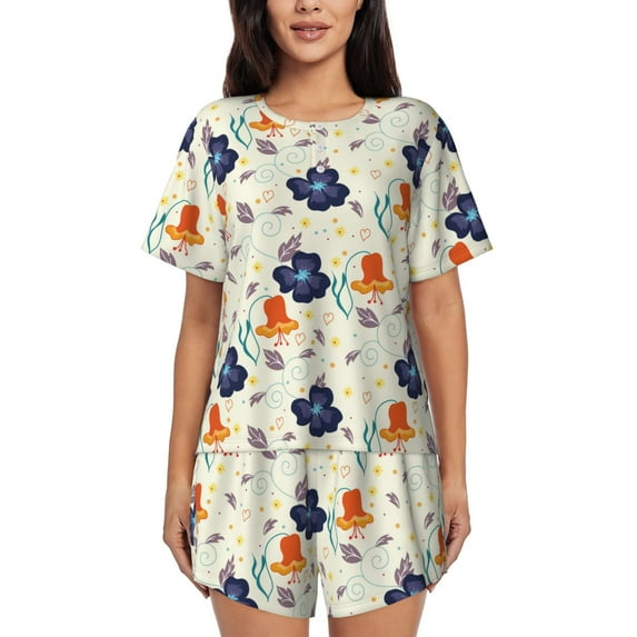 Pofeuu Flower Leaves Print Women's Pajama Set Short/Shorts Soft Button PJs Elastic Drawstring Waist Sleepwear-X-Large