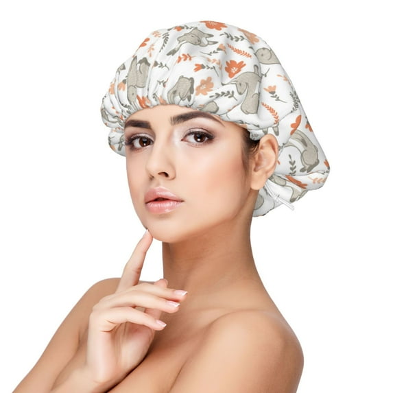 Pofeuu Flower Rabbit Print Silk Bonnet for Sleeping, Satin Hair Bonnets, Soft Elastic Band Silk Sleep Cap, Hair Wrap