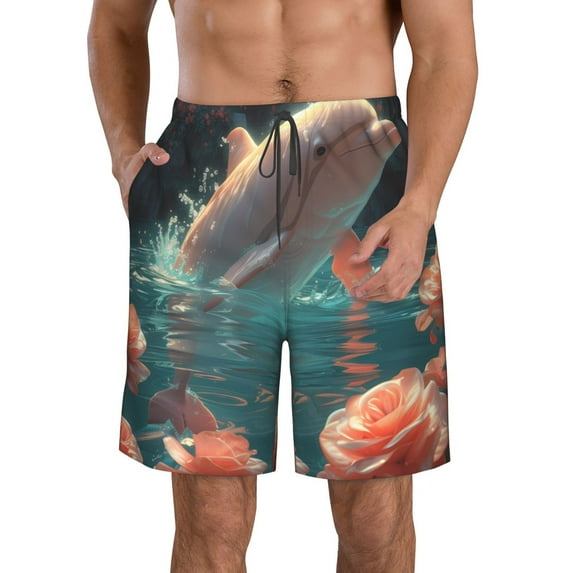 Pofeuu Flower White Dolphin Prin Men's Swim Trunks Quick Dry Bathing Suit Swimming Board Shorts Mesh Lining Beach Swimwear-3X-Large