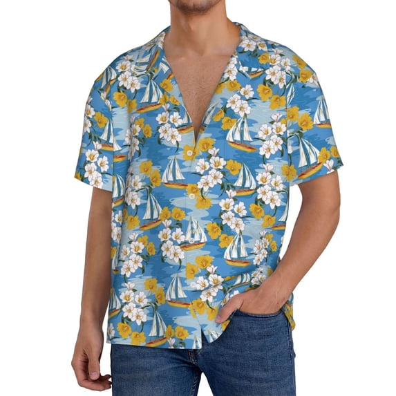 Pofeuu Flower and Sail Boat Print Mens Casual Short Sleeve Shirts Beach Summer Spread Collar Pocket Tops Men's Casual Short-sleeved Shirt-Medium