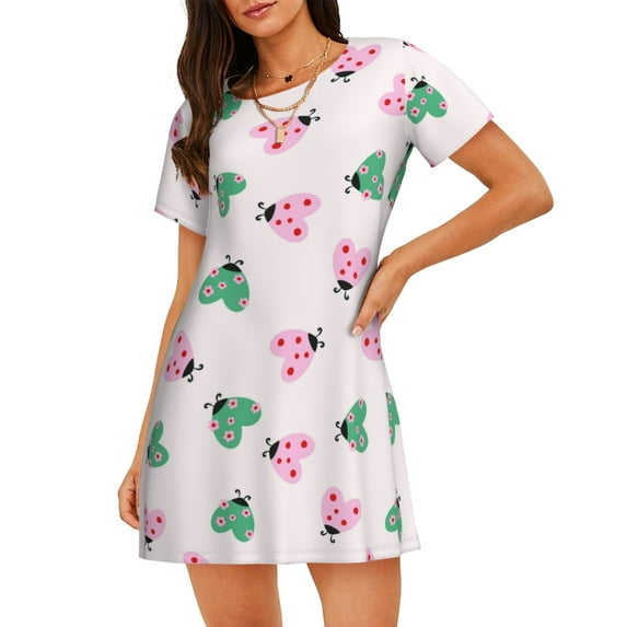 Pofeuu Flower on ladybirds Print Women's Loose Fit Short Sleeve Nightgown, Comfortable Sleep Dress for Women, Casual Lounge Sleepwear, Soft Cotton Sleep Dress