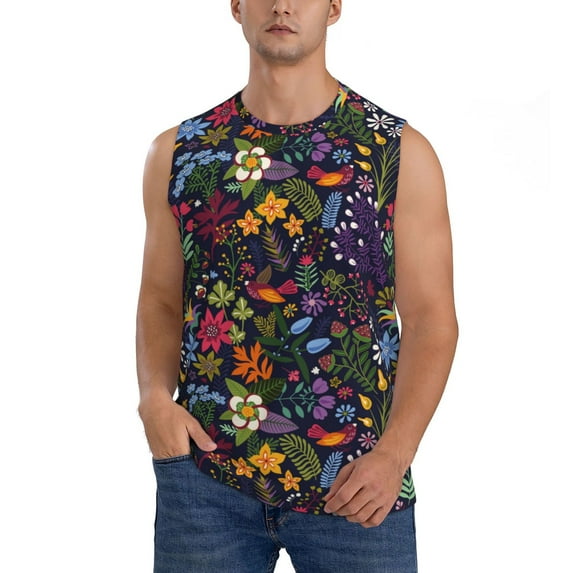 Pofeuu Flowers And Birds Print Men's Muscle T-Shirt, Sleeveless, Muscle Tank, Classic Muscle Tee Top For Men Casual Sleeveless Muscle T-Shirt Trendy Clothes-Large