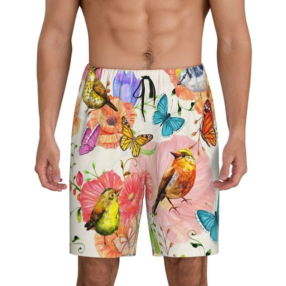 Pofeuu Flowers And Birds Watercolor Print Men's Soft Woven Elastic Waistband Sleep Pajama Short-X-Large