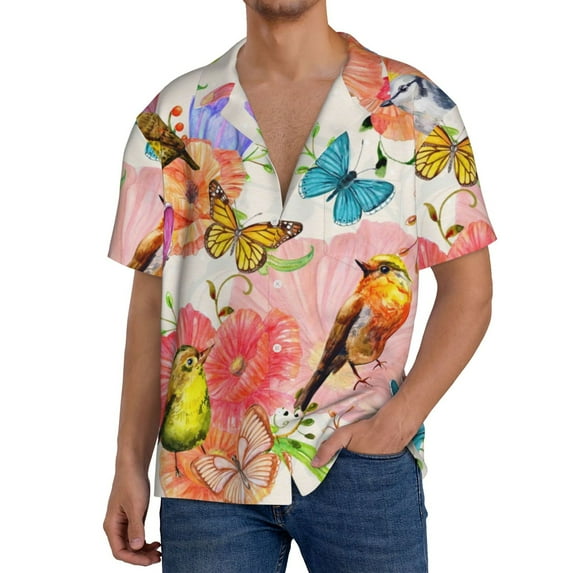 Pofeuu Flowers And Birds Watercolor Print Mens Casual Short Sleeve Shirts Beach Summer Spread Collar Pocket Tops Men's Casual Short-sleeved Shirt-