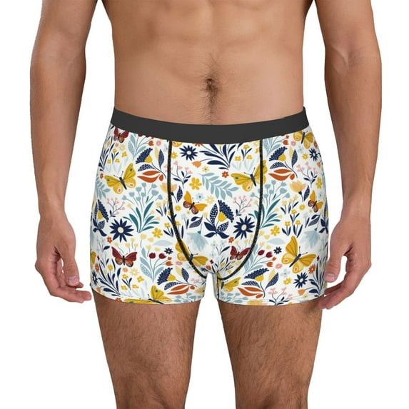 Pofeuu Flowers Butterfly Print Men’s Boxer Briefs, Moisture-Wicking Underwear, Regular,Trunk-Large