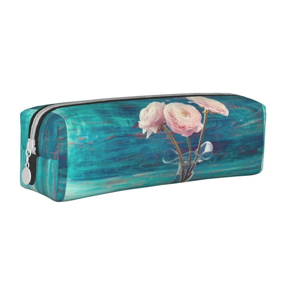 Pofeuu Flowers in Glass Vase Print Leather Pencil Case, Leather Pencil Pouch Large Capacity, Big Pencil Pouch with Zipper Vintage Pen Bag Fountain Pen Holder