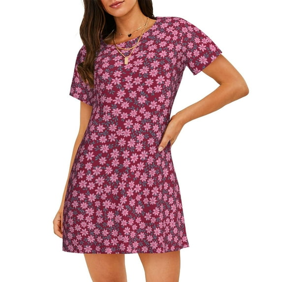 Pofeuu Flowers With Green Leaves Print Women's Loose Fit Short Sleeve Nightgown, Comfortable Sleep Dress for Women, Casual Lounge Sleepwear, Soft Cotton Sleep Dress