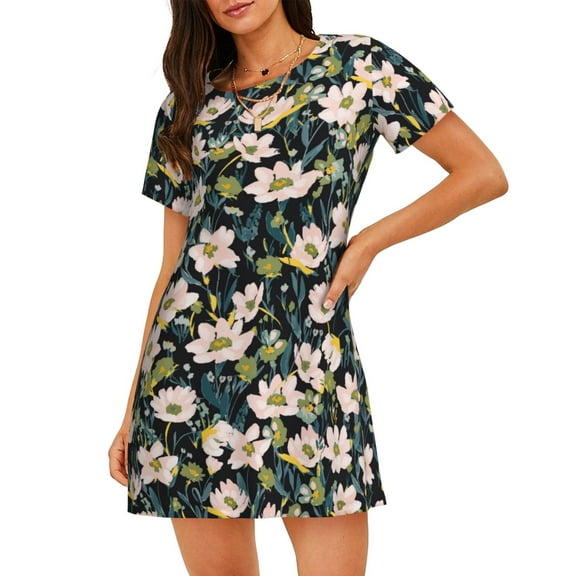 Pofeuu Flowers Print Women's Loose Fit Short Sleeve Nightgown, Comfortable Sleep Dress for Women, Casual Lounge Sleepwear, Soft Cotton Sleep Dress
