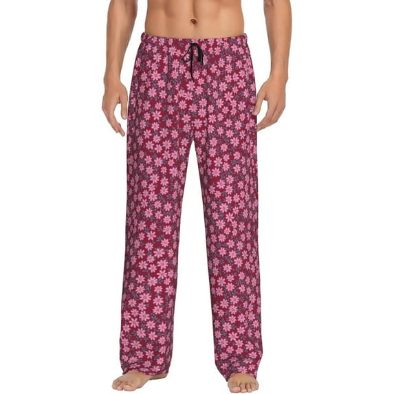 Pofeuu Flowers With Green Leaves Print Men's Pajama Pants, Soft Lounge Pajama Pants with big pockets for Men Plaid Pj Bottoms-Large