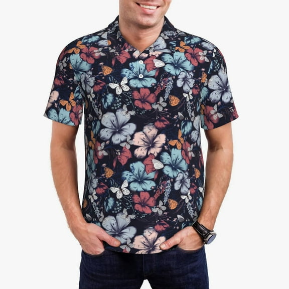 Pofeuu Flowers ad Butterflies Print Men's Loose Fit Midweight Short-Sleeve Pocket Polo-4X-Large