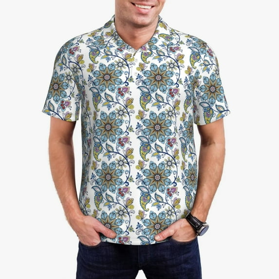 Pofeuu Flowers and Butterflies Print Men's Loose Fit Midweight Short-Sleeve Pocket Polo-4X-Large