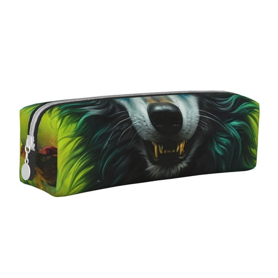 Pofeuu Fluorescent Wolf Print Leather Pencil Case, Leather Pencil Pouch Large Capacity, Big Pencil Pouch with Zipper Vintage Pen Bag Fountain Pen Holder