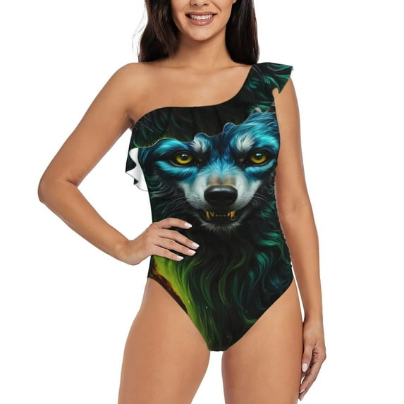 Pofeuu Fluorescent Wolf Print Women's One Piece Swimsuits One Shoulder Swimwear Asymmetric Ruffle Monokinis Bathing Suits-Large