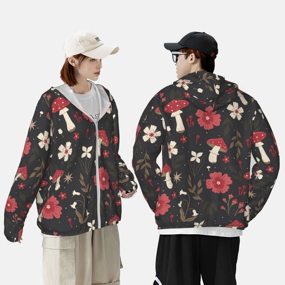 Pofeuu Fly Agaric and Flowers Print Sun Protection Outdoor Lightweight Full Zip UV Cooling Hoodie Long Sleeve Summer Clothing for Outdoor Hiking-X-Large