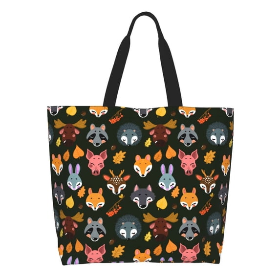 Pofeuu Forest Animal Faces Print Reusable Grocery Bags - Washable, Foldable, Packable Tote, Large Handles, Heavy Duty, Zippered Top Pouch