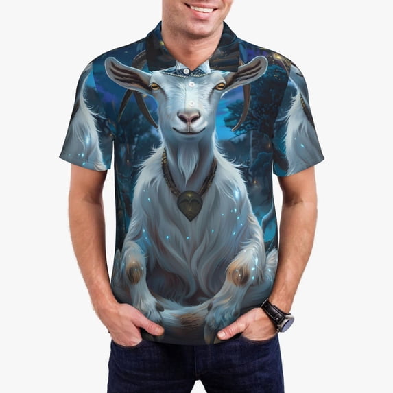 Pofeuu Forest Meditating Goat Print Men's Loose Fit Midweight Short-Sleeve Pocket Polo-XX-Large