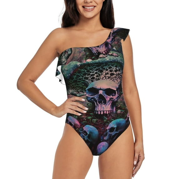 Pofeuu Forest Mushroom Skull Print Women's One Piece Swimsuits One Shoulder Swimwear Asymmetric Ruffle Monokinis Bathing Suits-Large
