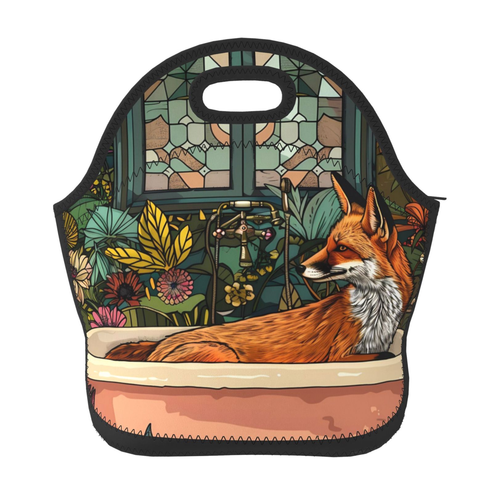 Pofeuu Fox Bathtub Floral Art Print Neoprene Lunch box Insulated Soft ...