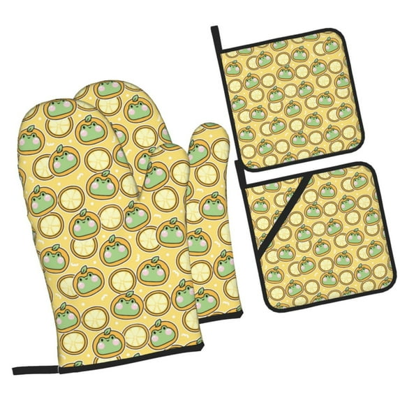 Pofeuu Frog In Orange Hat Print Oven Mitts and Pot Holders 4 pcs Set,High Heat Resistant 500 Degree Extra Thicken Long Kitchen Cotton Oven Glove for Cooking