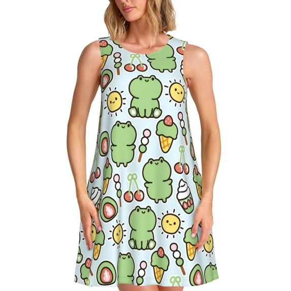 Pofeuu Frog With Sweet Print Women's Sleeveless Dress, Loose Fit Summer Dress, Casual Tank Dress for Women