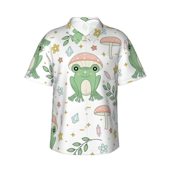 Pofeuu Frog and Mushrooms Print Hawaiian Shirt for Men Sleeves Casual Button Down Summer Beach Dress Shirts T-Shirts,3X-Large