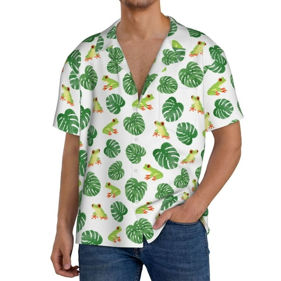 Pofeuu Frogs And Tropical Leaves Print Mens Casual Short Sleeve Shirts Beach Summer Spread Collar Pocket Tops Men's Casual Short-sleeved Shirt-Large