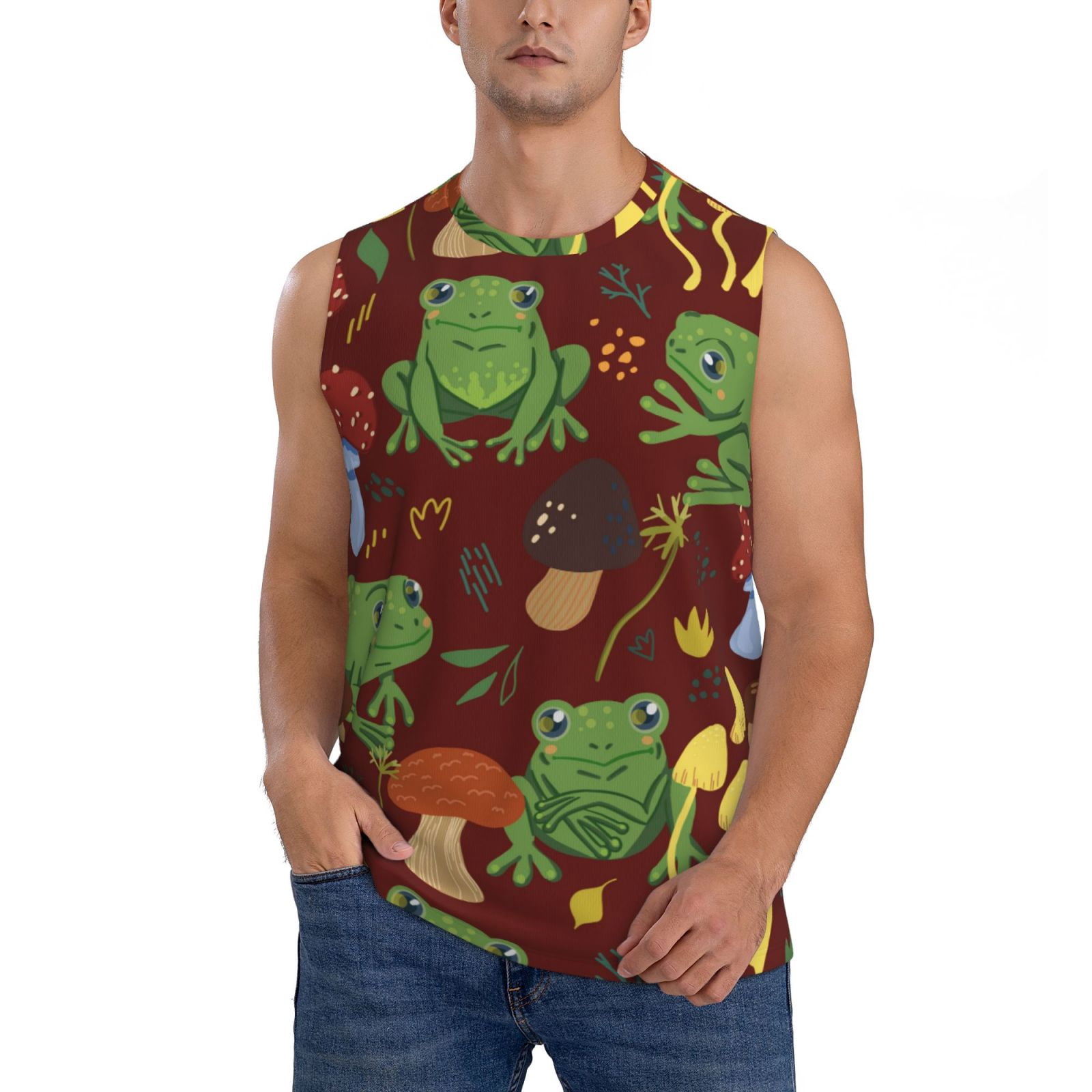 Pofeuu Frogs and Mushrooms Print Men's Muscle T-Shirt, Sleeveless, Muscle Tank, Classic Muscle ...