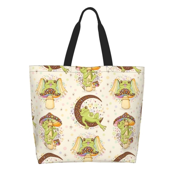 Pofeuu Frogs Print Reusable Grocery Bags - Washable, Foldable, Packable Tote, Large Handles, Heavy Duty, Zippered Top Pouch