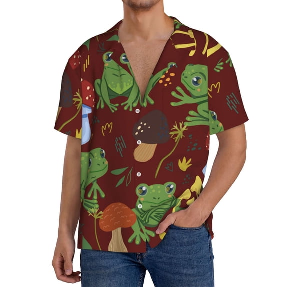 Pofeuu Frogs and Mushrooms Print Mens Casual Short Sleeve Shirts Beach Summer Spread Collar Pocket Tops Men's Casual Short-sleeved Shirt-3X-Large
