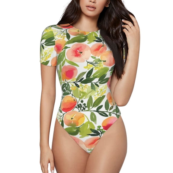 Pofeuu Fruits Peach1 Print Short Sleeve Body Suits Women Round Neck Bodysuits for Women Onesie Adult Set Body Suit-Small