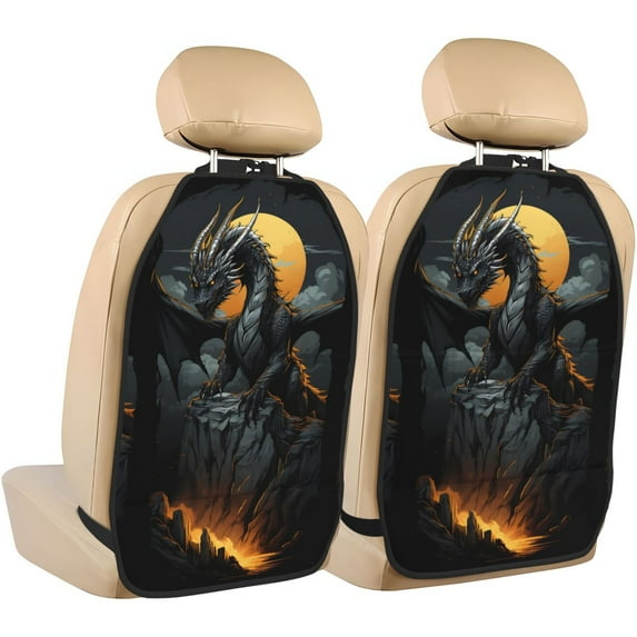 Pofeuu Full Moon Black Dragon Print 2 Pack PU Leather Kick Mat Back Seat Protector, Universal Car Seat Back Organizer, Waterproof Backseat Protector For Most Car