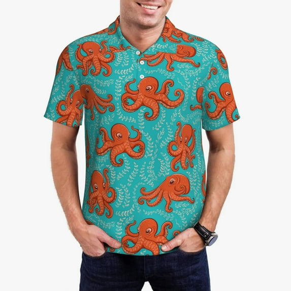 Pofeuu Fun Octopus Print Men's Loose Fit Midweight Short-Sleeve Pocket Polo-3X-Large