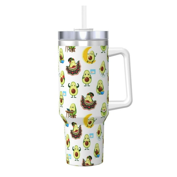 Pofeuu Funny Avocado In Mexican Clothes Print 40oz Ice Bully With Handle And Straw Stainless Steel Vacuum Insulated Cup And 2 In 1 Straw Lid