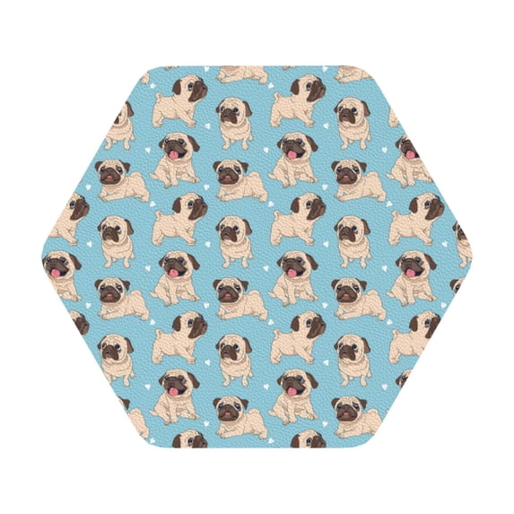 Pofeuu Funny Cartoon Pugs Print Leather Coasters Set of 6, Round Cups Mugs Mat Pad for Home Kitchen Heat Resistant Drink Coasters,Hexagon