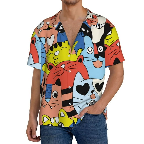 Pofeuu Funny Cats Print Mens Casual Short Sleeve Shirts Beach Summer Spread Collar Pocket Tops Men's Casual Short-sleeved Shirt-X-Large