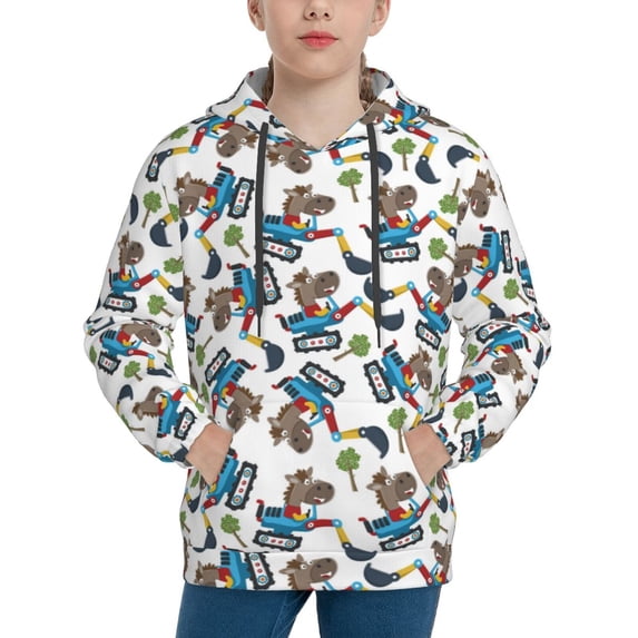 Pofeuu Funny Excavator Print Kids Pullover Hoodies Warm Thick Hooded Sweatshirt with Packet for Boys Girls-Large