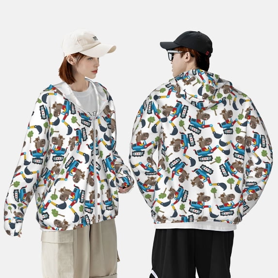 Pofeuu Funny Excavator Print Sun Protection Outdoor Lightweight Full Zip UV Cooling Hoodie Long Sleeve Summer Clothing for Outdoor Hiking-Small