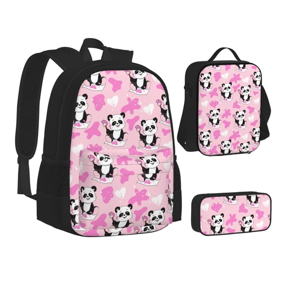 Pofeuu Funny Panda Draws A Heart Print Backpack Travel Backpacks With Lunch Bag Pencil Bag Set 3 pcs Set Cartoon Backpack