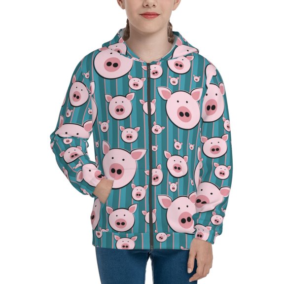 Pofeuu Funny Pig Faces Print Teenage Zipper Hoodie Sweatshirts Hooded Casual Jackets With Pocket For Boys Girls-Medium