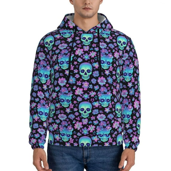 Pofeuu Funny Skull Flower Print Mens Casual Hooded Collar Drawstring Hoodies Pullover Sweatshirts Casual Long Sleeve Shirts-4X-Large