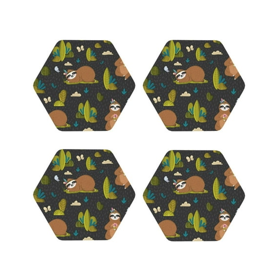 Pofeuu Funny Sloths In The Forest Print Coasters for Drinks, 4Pack PU Leather Coasters, Bar Drink Coasters for Tabletop Protection, Furniture from Damage-Hexagon