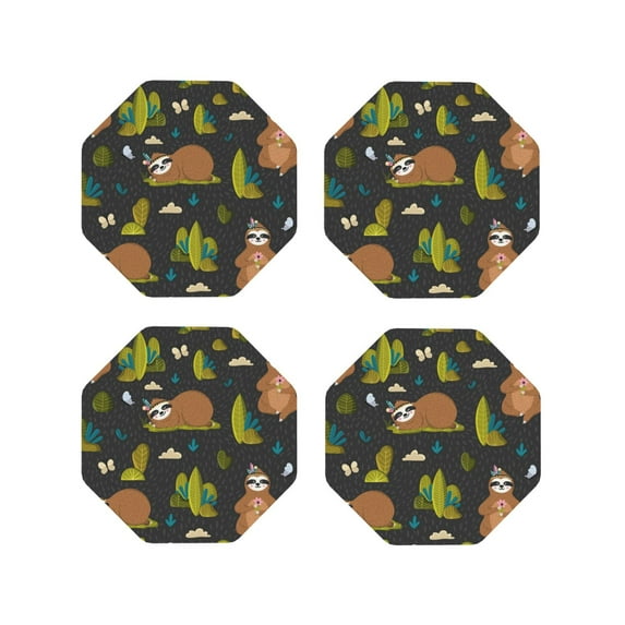 Pofeuu Funny Sloths In The Forest Print Coasters for Drinks, 4Pack PU Leather Coasters, Bar Drink Coasters for Tabletop Protection, Furniture from Damage-Octagon