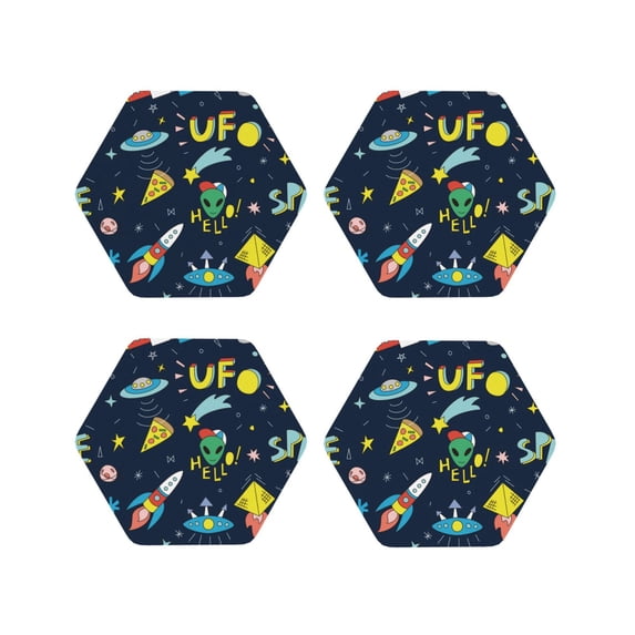 Pofeuu Funny Spaceships Print Coasters for Drinks, 4Pack PU Leather Coasters, Bar Drink Coasters for Tabletop Protection, Furniture from Damage-Hexagon