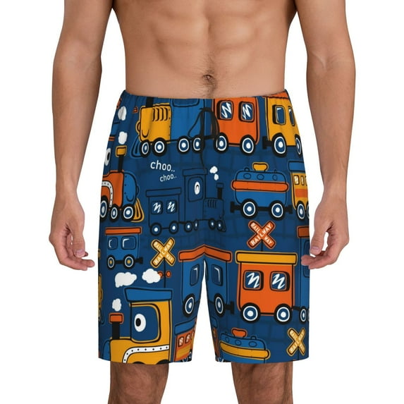 Pofeuu Funny Steam Train Print Men's Soft Woven Elastic Waistband Sleep Pajama Short-Medium