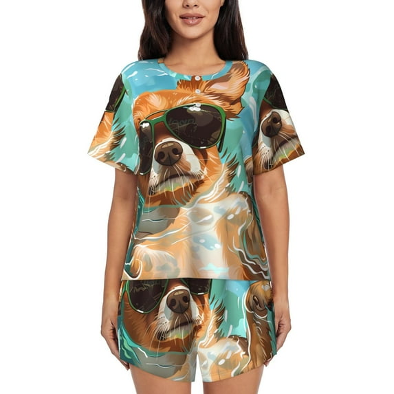 Pofeuu Funny Swimming Chihuahua Print Women's Pajama Set Short/Shorts Soft Button PJs Elastic Drawstring Waist Sleepwear-Large