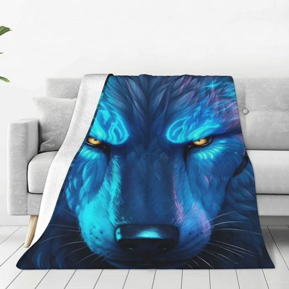 Pofeuu Futuristic Blue Light Wolf Print Ultra-Soft Micro Fleece Blanket,for Bed Or Sofa,All Season Throw Blankets Flannel Blanket-60"x50"
