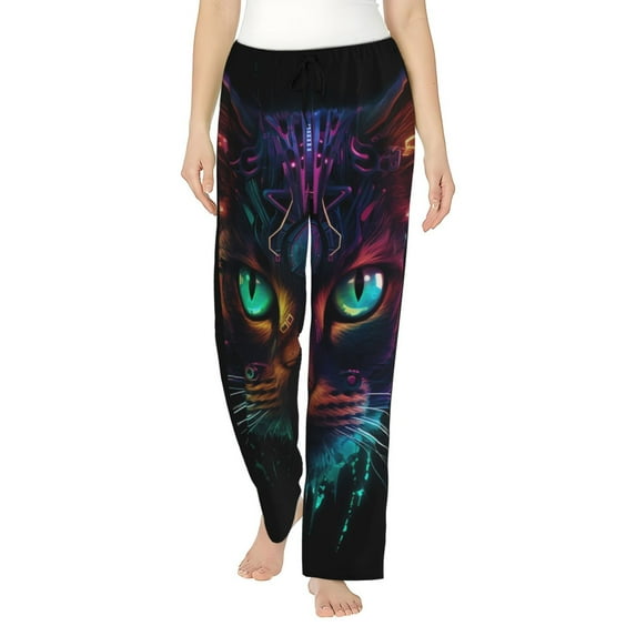Pofeuu Futuristic Cat Warrior Print Women's Fashion Pajama Pants with Pockets Comfy Drawstring Sleep Lounge Bottoms-XX-Large
